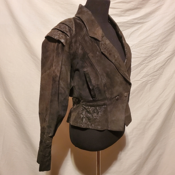 Vntg 80's Wilson Women's Black Crop Bolero Biker Seude Leather Jacket L - Picture 6 of 8